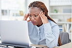 Black woman, laptop and stress headache in office with mistake, fail or error at accounting agency. Employee, accountant and frustrated face with thinking, 404 glitch or ideas with anger for pc crash