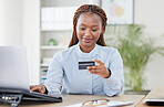 African woman, credit card and laptop in office with typing, click and easy payment with online shopping. Employee, person or girl with banking, computer and e commerce with finance, choice or budget