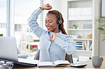 Woman, laptop and headphones for dancing in office, smile and happy with audio streaming subscription. Dancer girl, employee and black person with computer, listening and music on web in workplace