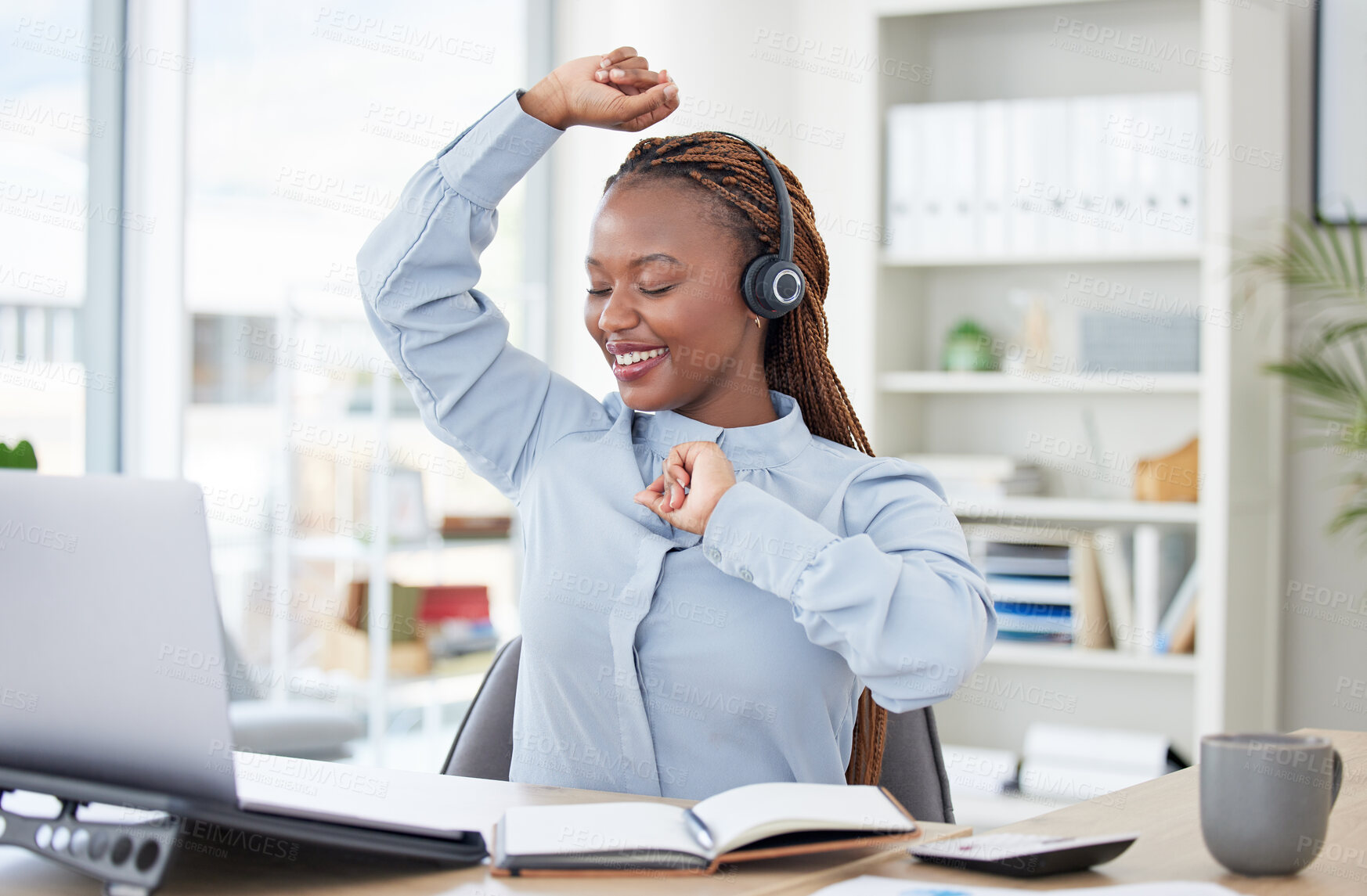 Buy stock photo Woman, laptop and headphones for dancing in office, smile and happy with audio streaming subscription. Dancer girl, employee and black person with computer, listening and music on web in workplace