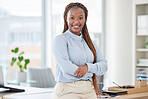 Smile, crossed arms and professional black woman at office with positive, good and confident attitude. Happy, smart and portrait of young African female attorney with law career at modern workplace.