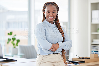 Buy stock photo Smile, crossed arms and professional black woman at office with positive, good and confident attitude. Happy, smart and portrait of young African female attorney with law career at modern workplace.