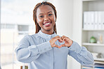 Business, heart hands or portrait of black woman with love emoji for care, kindness or like review in office. Smile, happy or African worker with shape for thank you or sign of hope, support or peace