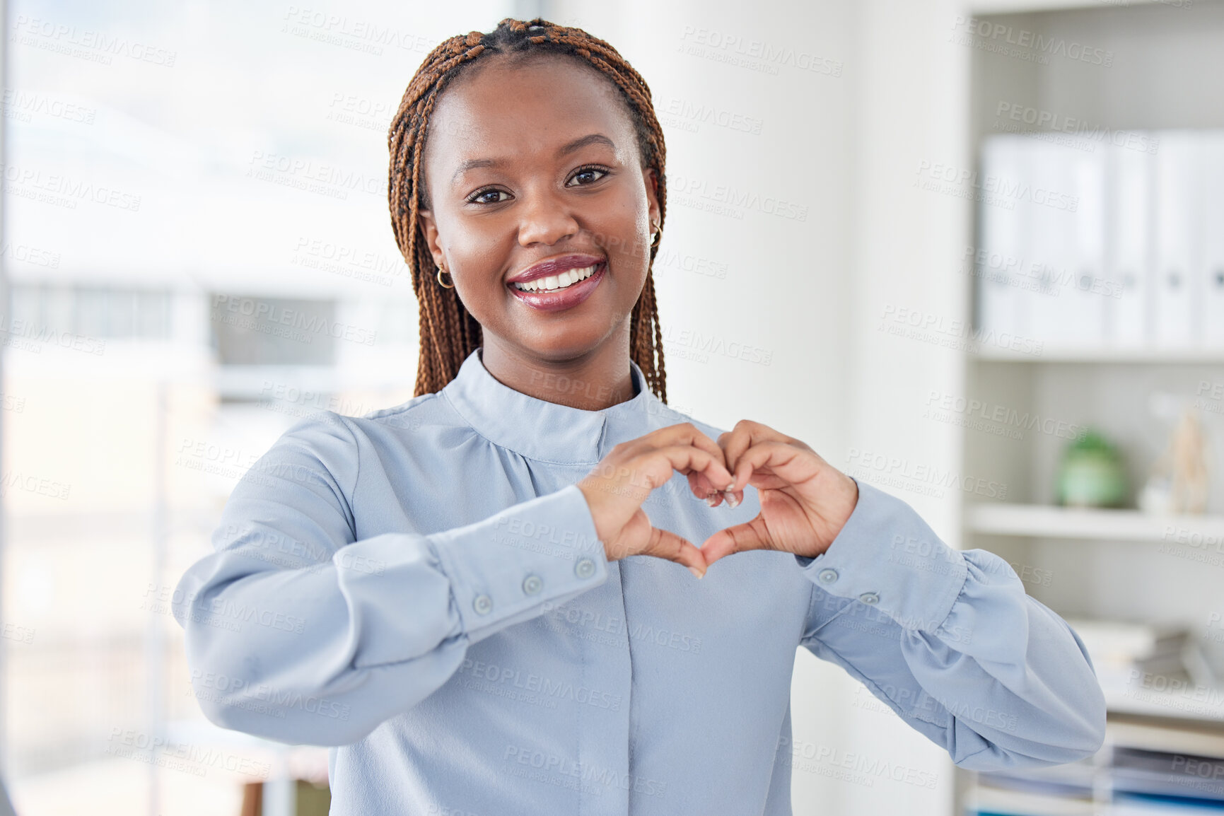 Buy stock photo Business, heart hands or portrait of black woman with love emoji for care, kindness or like review in office. Smile, happy or African worker with shape for thank you or sign of hope, support or peace