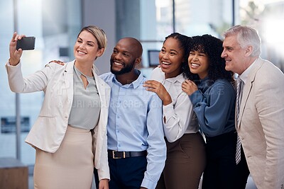 Buy stock photo Happy, selfie and smile with business people in office for community, support and diversity. Positive, technology and social media with picture of group of employee for teamwork, friends or internet
