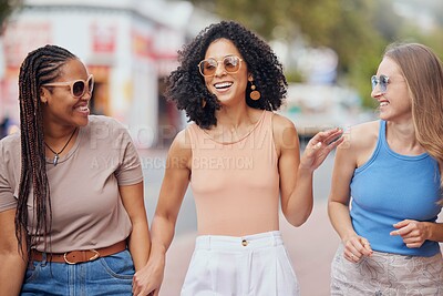 Buy stock photo Girl friends, happy black woman and travel with women in New York together with a smile. Communication, laughing and freedom of young people traveling on a holiday and vacation walking in a city 