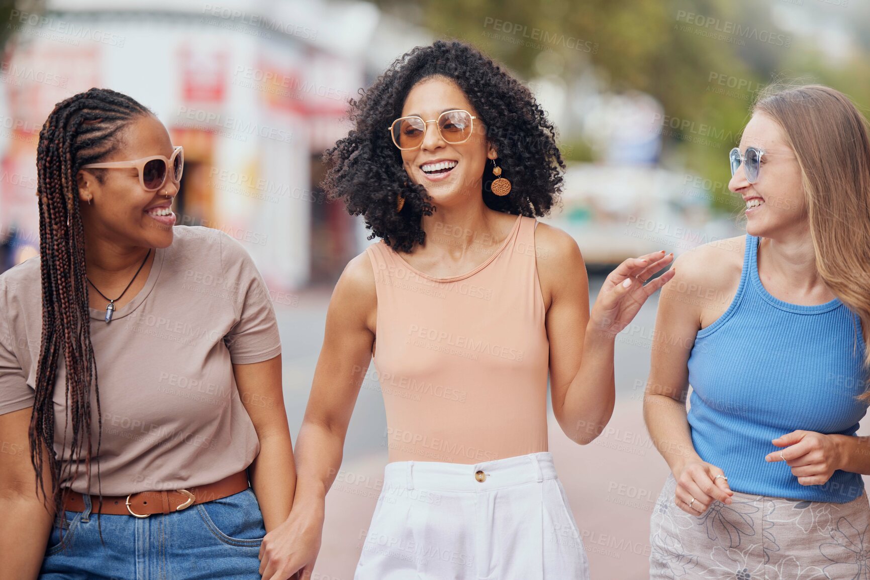 Buy stock photo Girl friends, happy black woman and travel with women in New York together with a smile. Communication, laughing and freedom of young people traveling on a holiday and vacation walking in a city 