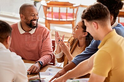 Buy stock photo Creative teamwork, meeting and happy business people talking, in discussion and brainstorming ideas. Diversity, collaboration and workers smile for planning, marketing strategy and branding design