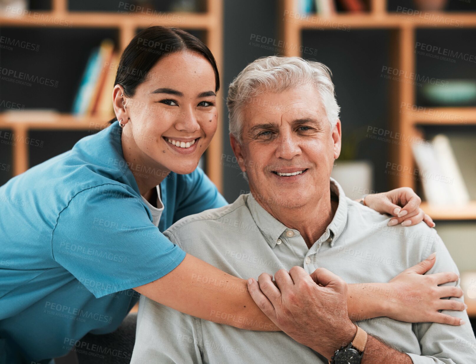 Buy stock photo Asian nurse, senior man and hug in portrait with support, empathy and nursing home care for retirement. Doctor, elderly patient and kindness with solidarity, helping hand and excited face for embrace