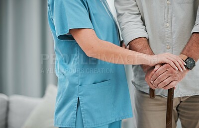 Buy stock photo Trust, nurse or senior hands on walking stick for support, help or trust moving legs in rehabilitation. Physiotherapy healthcare, elderly nursing or medical caregiver helping a sick mature patient