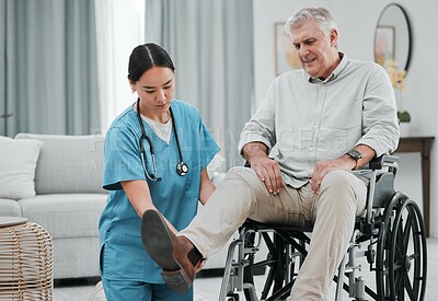 Buy stock photo Wheelchair help, nursing home and man with injury or disability with nurse support. Wellness, healthcare and retirement of a elderly person with foot pain from a medical problem with caregiver
