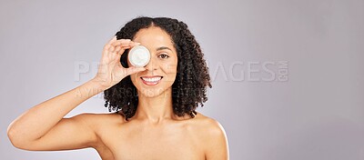 Buy stock photo Skincare, face and black woman with cream container in studio isolated on a gray background mockup. Dermatology portrait, cosmetics and happy female with lotion, creme or moisturizer for skin health.