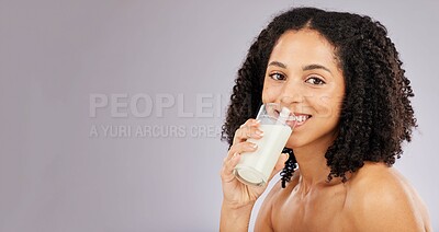 Buy stock photo Coconut milk, health drink and portrait of black woman with wellness and mock up. Calcium nutrition, collagen and eco friendly smoothie of a model with happiness from detox product with studio mockup