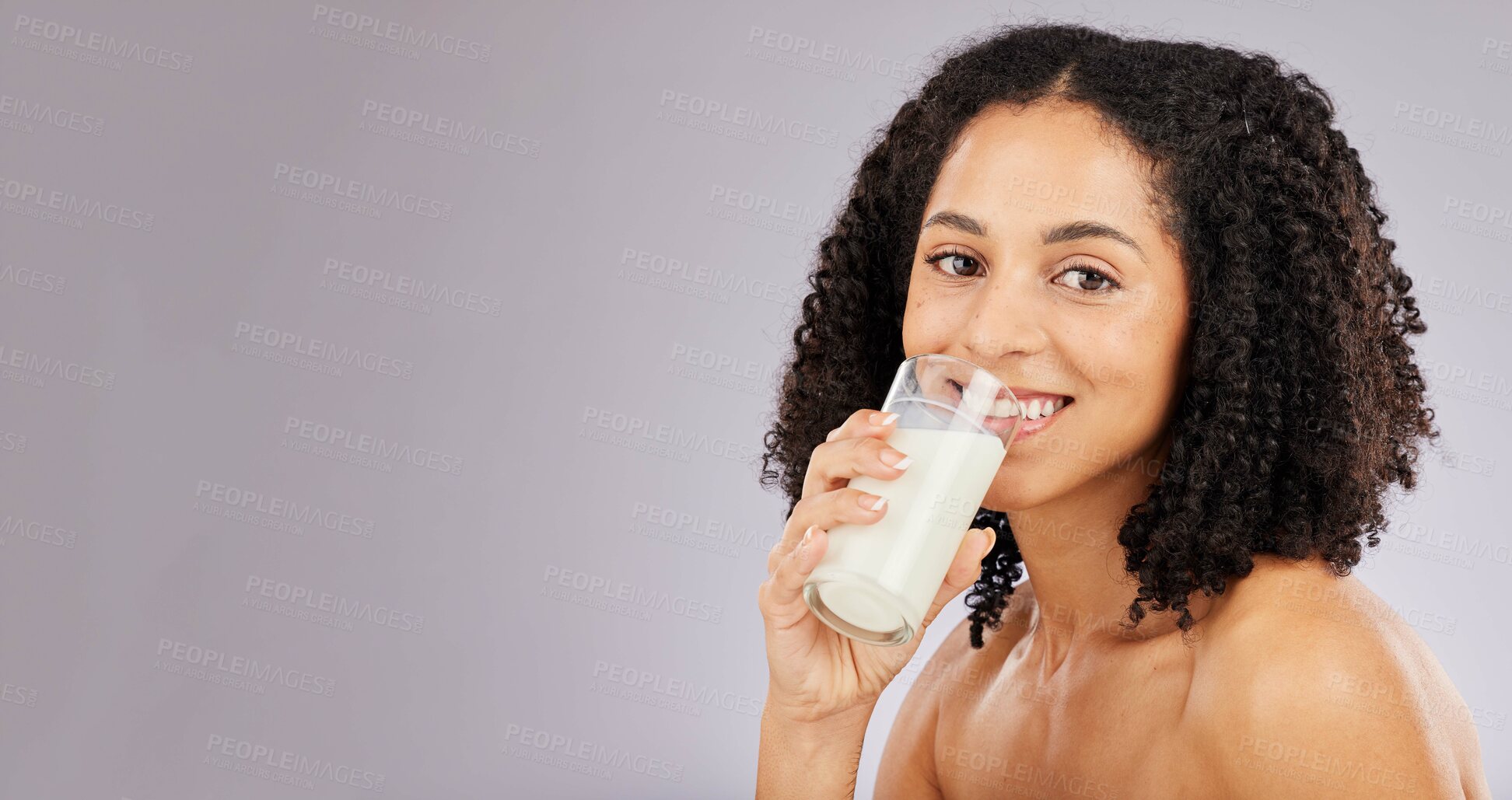 Buy stock photo Coconut milk, health drink and portrait of black woman with wellness and mock up. Calcium nutrition, collagen and eco friendly smoothie of a model with happiness from detox product with studio mockup