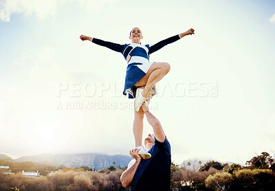 Buy stock photo Cheerleading student, lift stunt and mockup outdoor for on cheer camp with exercise and blue sky. Students, air pose and strong male athlete doing training and workout with cardio and mock up 