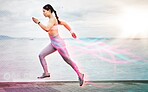 Fitness, exercise and woman running, hologram and promenade for workout, wellness or healthy lifestyle. Female runner, athlete or girl training, holographic or track progress for pulse or endurance  