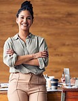 Business, confidence and portrait of hispanic happy woman in office, startup ceo or owner at hr company. Happiness, project management and professional businesswoman with smile at recruitment agency.