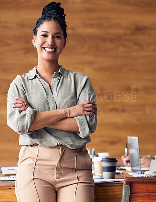 Buy stock photo Business, confidence and portrait of hispanic happy woman in office, startup ceo or owner at hr company. Happiness, project management and professional businesswoman with smile at recruitment agency.