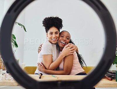 Buy stock photo Women, friends and portrait with ring light for social media, makeup tutorial and smile. Young people, women and hug with internet app and happy from influencer and cosmetics vlog at home in bedroom