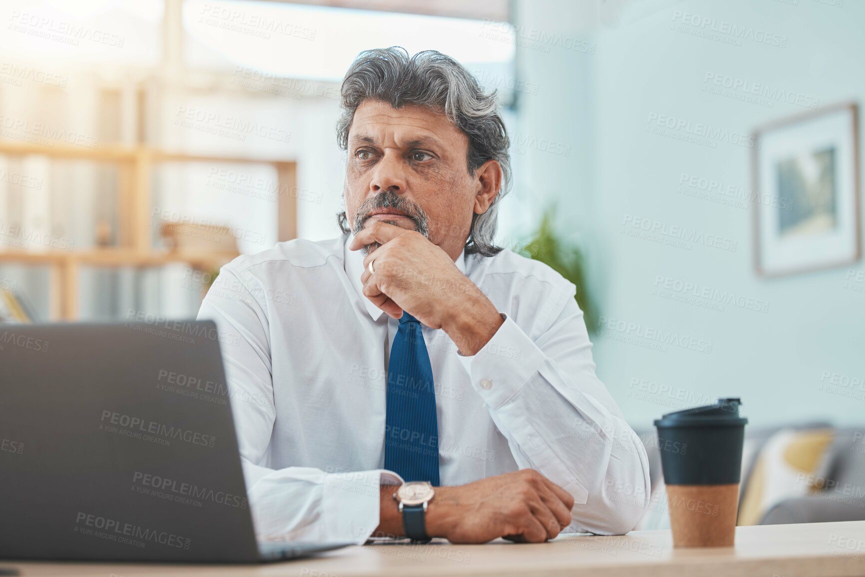 Buy stock photo Business man, laptop and thinking of work from home schedule, decision and planning or brainstorming, Focus, decision and professional boss, entrepreneur or indian person on computer in office