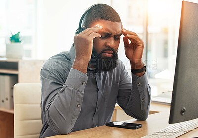 Buy stock photo Call center, headache and business man stress, health risk and fatigue for communication or memory with red overlay. Agent, sales consultant or african person with pain, tired and brain fog or mind