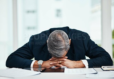 Buy stock photo Burnout, professional and senior man sleeping at desk with tech or problem with fatigue in office. Tired, stress and senior male person asleep on table with insomnia at workplace at workplace.