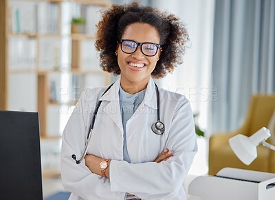 Buy stock photo Black woman, portrait and medical doctor with arms crossed for consultation, hospital support and help. Happy confident female therapist ready for professional healthcare, clinic consulting and trust