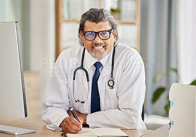 Buy stock photo Portrait, man and doctor writing in notebook for healthcare schedule, planning and clinic management in office. Information, ideas and notes of medical worker or senior person at consultation desk