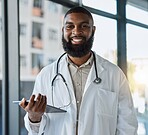 Tablet, happy man and portrait of doctor for healthcare services, telehealth analysis or hospital network. Black male medical worker with digital technology for planning data, clinic research or info