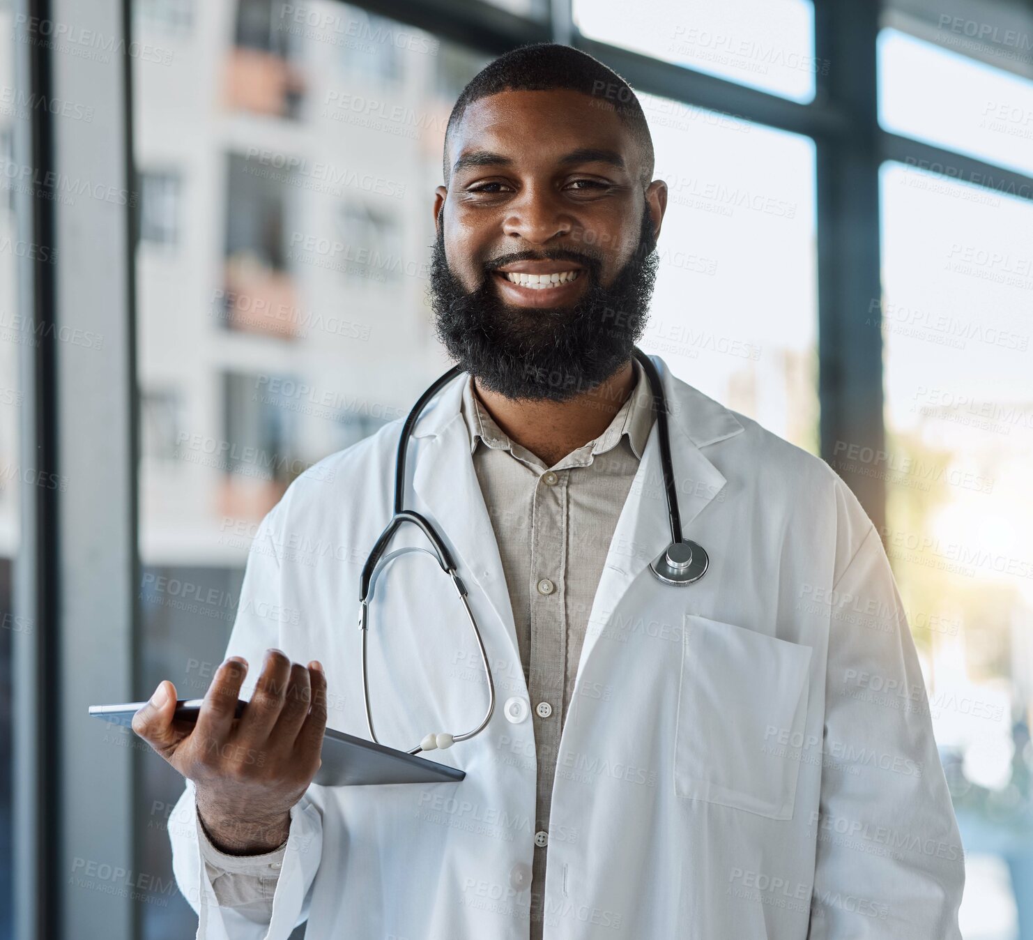 Buy stock photo Tablet, happy man and portrait of doctor for healthcare services, telehealth analysis or hospital network. African person medical worker with digital technology for planning, clinic research or info