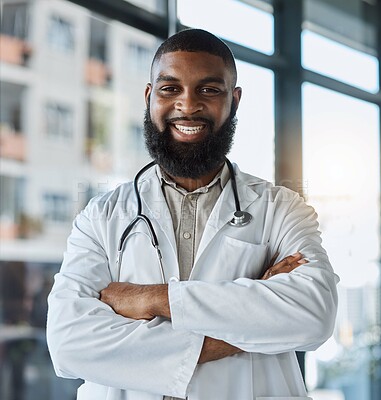 Doctor, portrait and man with arms crossed for healthcare service, clinic and hospital management or support and leadership. Happy face of medical african person for professional health and proud job