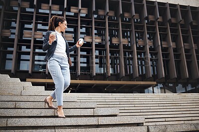 Buy stock photo Business woman, city stairs and outdoor with work commute, drinking coffee and worker walking. Urban town, female lawyer with phone on steps during travel and professional in morning with employee