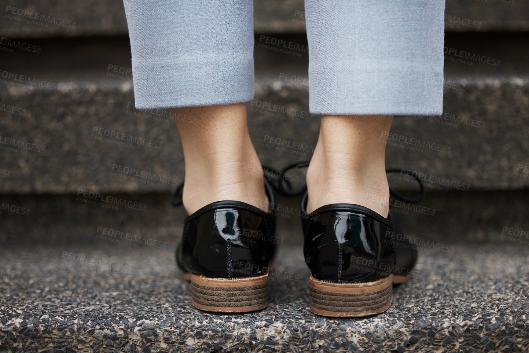 Buy stock photo Stairs, city person and leather shoes waiting, travel or on morning journey, outdoor commute or urban trip. Company steps, ground floor and closeup legs, feet or business agent climbing staircase