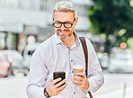 City, email and a businessman with a phone and coffee for morning travel, communication or a chat. Happy, executive and a mature employee reading a conversation on a mobile from an app with a drink