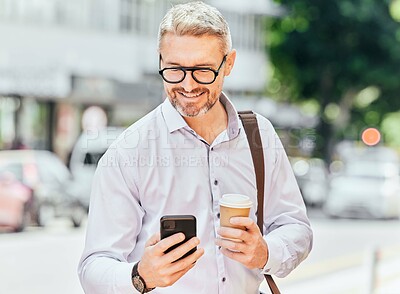 Buy stock photo City, email and a businessman with a phone and coffee for morning travel, communication or a chat. Happy, executive and a mature employee reading a conversation on a mobile from an app with a drink