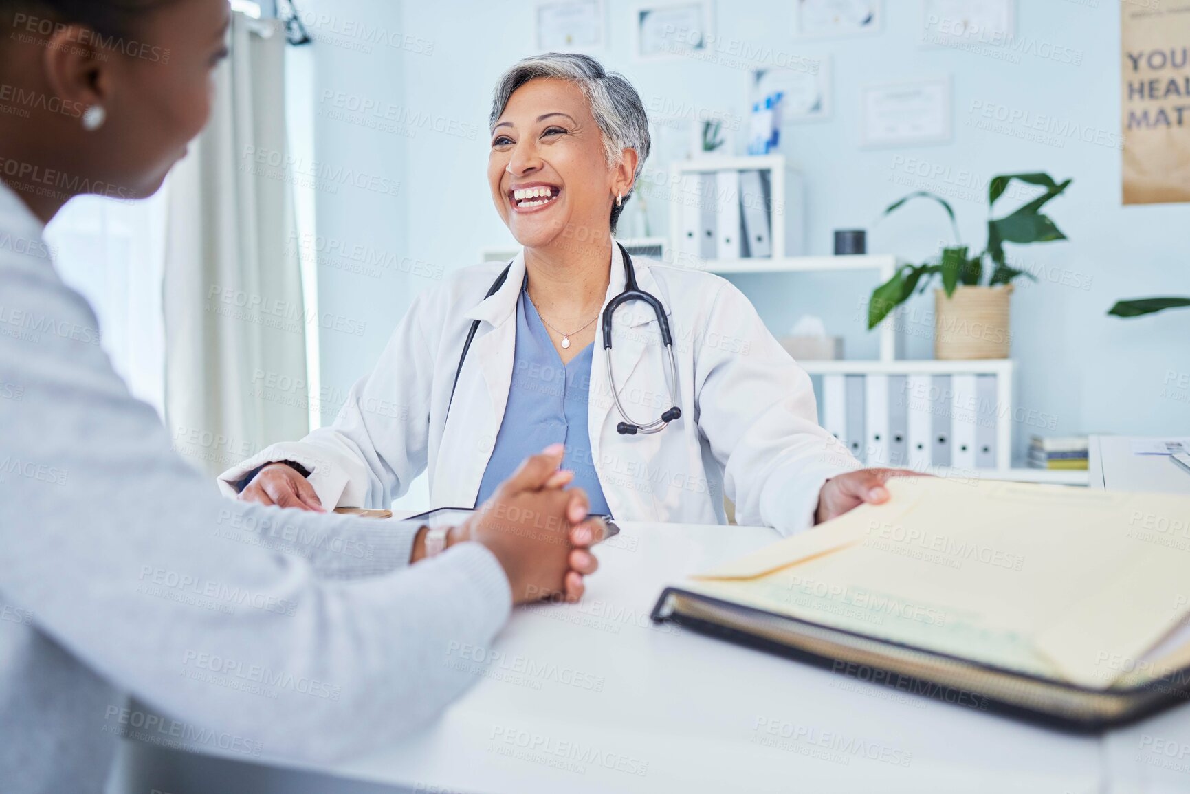 Buy stock photo Happy doctor, patient and talking at consultation in hospital with a woman for medical advice. Health care worker and person for conversation, results and communication for wellness and health