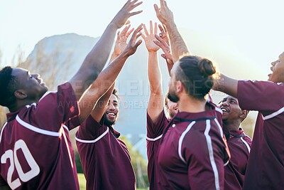 Buy stock photo High five, sports celebration and happy team, rugby group or men solidarity support, teamwork or victory. Winner motivation, success cheers or player celebrate goal together for competition win