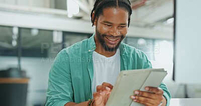 Buy stock photo Happy man, planning and tablet for business marketing, website research or software design in office. Young employee, worker or African person typing or scroll on digital technology for news or email