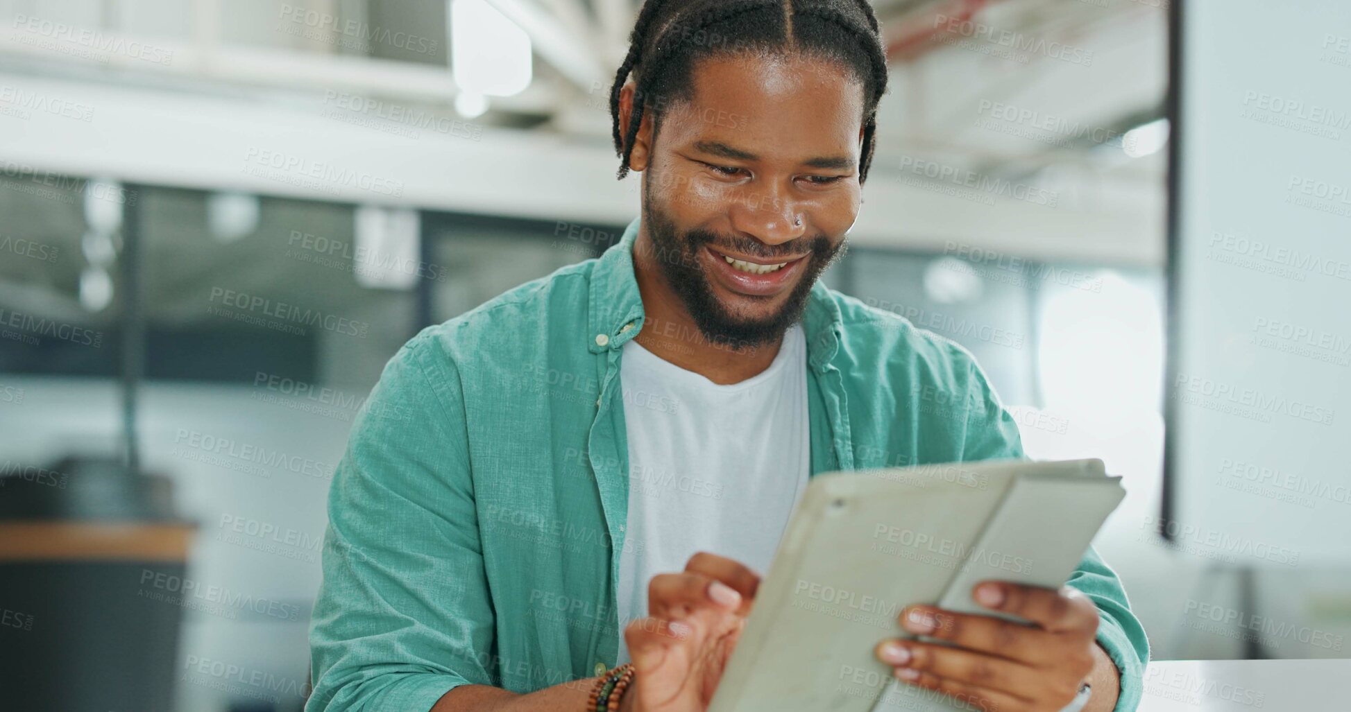 Buy stock photo Happy man, planning and tablet for business marketing, website research or software design in office. Young employee, worker or African person typing or scroll on digital technology for news or email