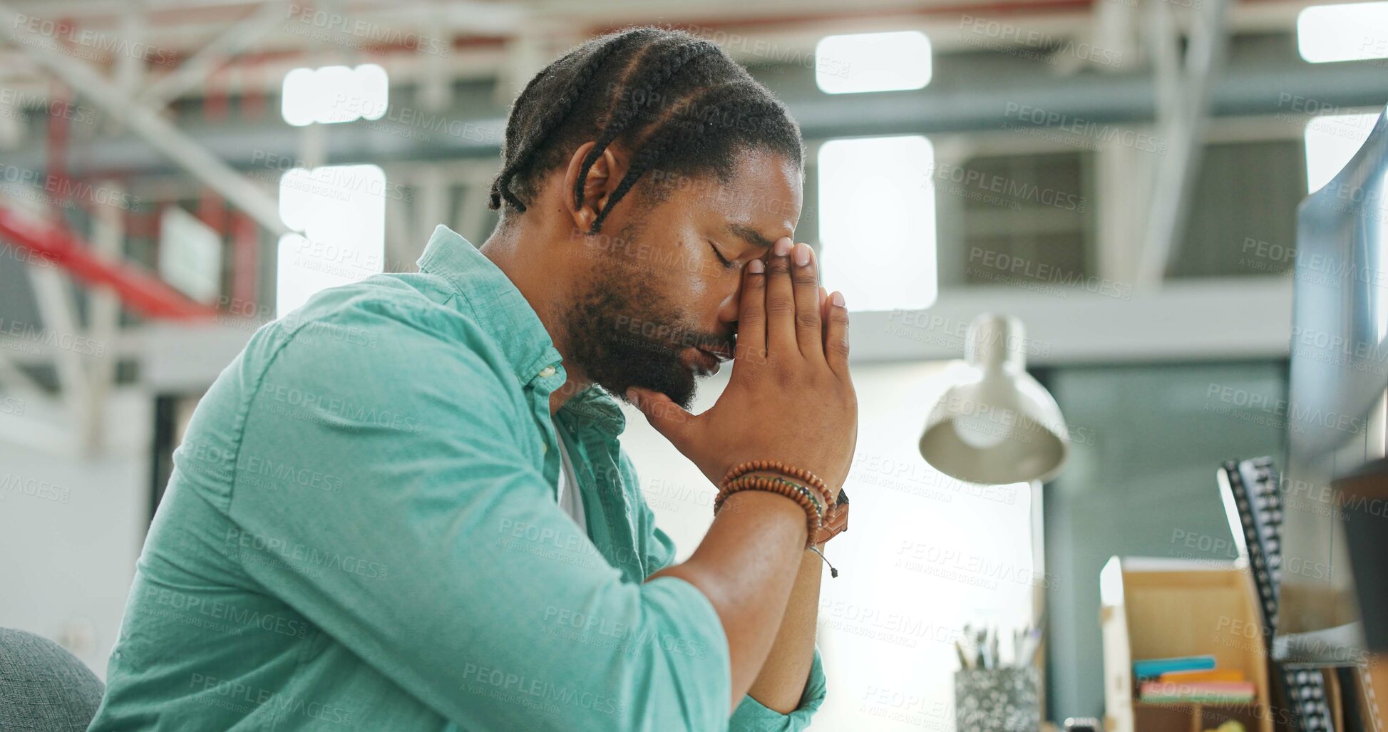 Buy stock photo Stress, sad and headache with business black man for 404 glitch, exhausted and fatigue. Anxiety, burnout and mental health with tired person in office for frustrated, mistake and website problem