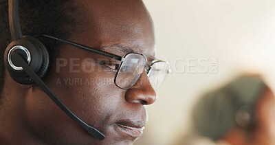 Buy stock photo Call center, consulting and thinking with black man in office for contact us, communication and customer support. Salesman, help desk and technical support with person in crm agency for telemarketing