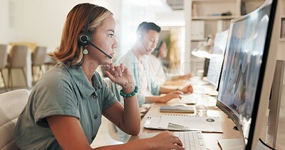 Buy stock photo Call center, consulting and thinking with black man in office for contact us, communication and customer support. Salesman, help desk and technical support with person in crm agency for telemarketing