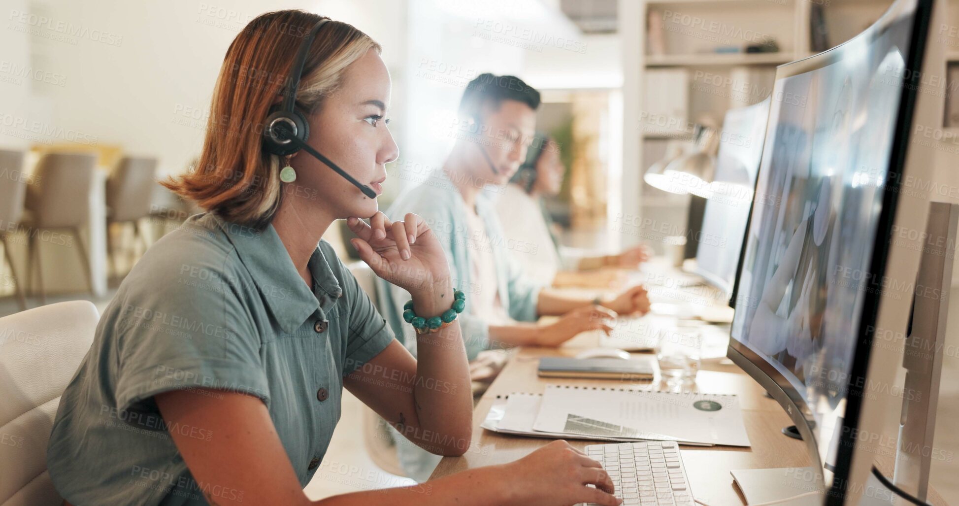 Buy stock photo Call center, consulting and thinking with black man in office for contact us, communication and customer support. Salesman, help desk and technical support with person in crm agency for telemarketing