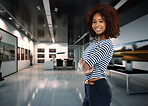 Business woman, arms crossed and portrait with smile, fashion or startup at company in modern office. AI generated entrepreneur, African person and happy with pride, happy and corporate in workplace