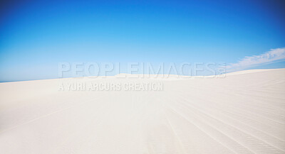 Buy stock photo Desert, blue sky and landscape outdoor in summer with sand dunes for vacation, holiday or adventure. Wasteland, wilderness or texture background for wallpaper, banner and scenery in nature for travel