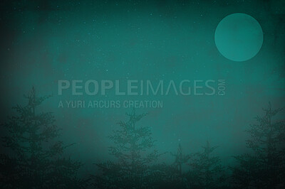 Buy stock photo Freedom, travel and night forest for vacation, adventure or journey, peace or quiet nature with moon background. Earth, illustration or misty woods in Canada for camping, break or holiday exploration