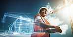 Woman, construction and double exposure in city for development, urban planning or infrastructure. Black person,  female contractor and clipboard with lens flare, excited face or smile for project