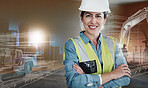 Portrait, arms crossed and a designer woman on double exposure background with flare for architecture. Construction worker, smile or happy with a confident engineering architect on a building site