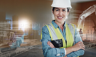 Buy stock photo Portrait, arms crossed and a construction worker woman on an overlay background with flare for architecture. Designer, smile or happy with a confident engineering architect on a building site
