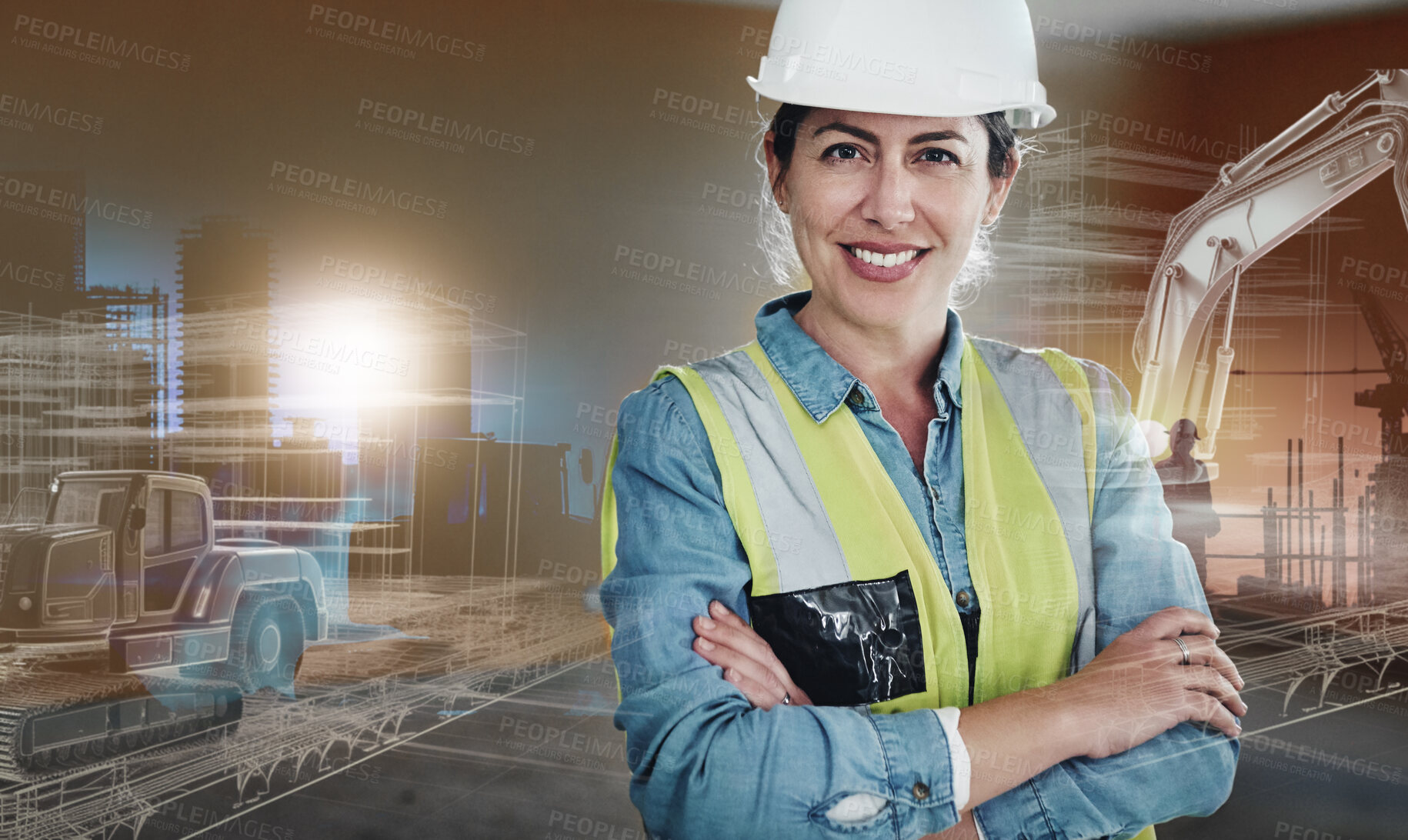 Buy stock photo Portrait, arms crossed and a construction worker woman on an overlay background with flare for architecture. Designer, smile or happy with a confident engineering architect on a building site
